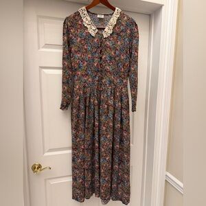 Vintage Laura Ashley Navy Floral Crochet Collar Maxi Dress Prairie 8